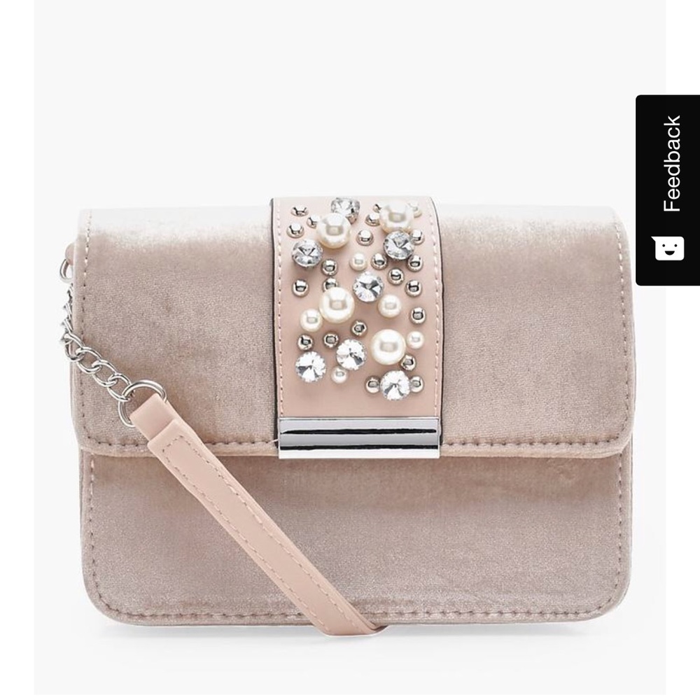 Pale pink velvet embellished crossbody bag